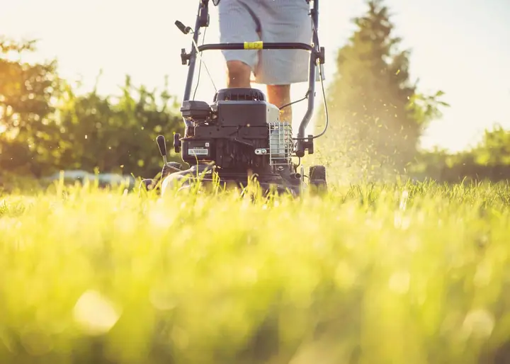 Commercial landscaping crew working near an irrigation control valve box on a corporate campus