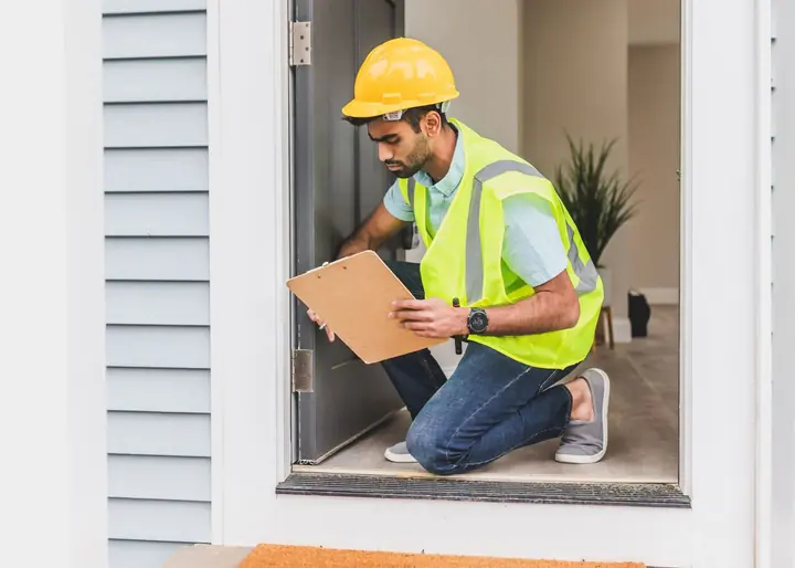 Commercial pest control technician inspecting a warehouse loading dock for pest activity