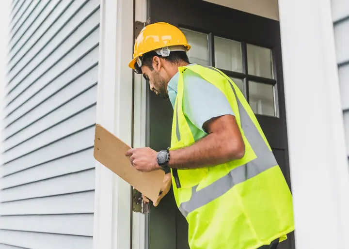 Pest control applicator reviewing a treatment log inside a commercial warehouse facility