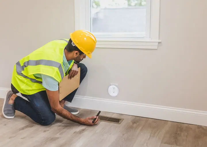 Branch manager walking a warehouse floor plan with a pest control route technician