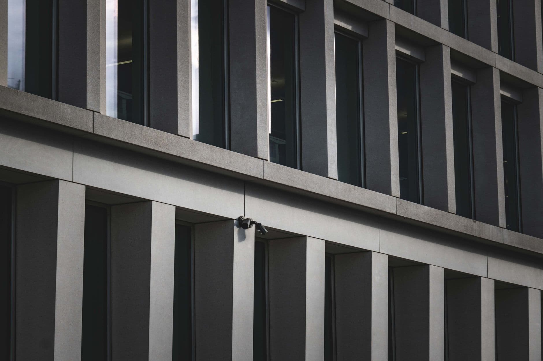 Security guard posted at a commercial building's front entrance while a visitor walks in